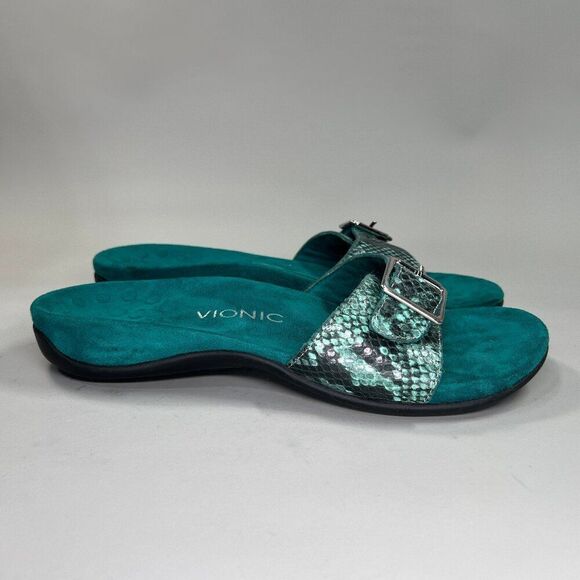 Vionic Santos Sandals Women's Size 9 Green Snake Print Buckle Orthotic Slides - Picture 1 of 9